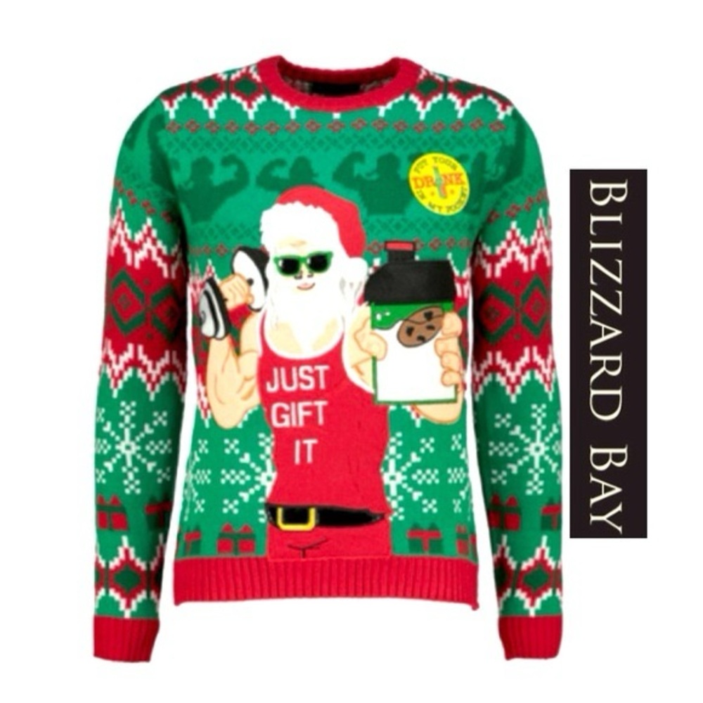 Blizzard bay ugly Christmas sweater buff Santa just gift it koozie pocket